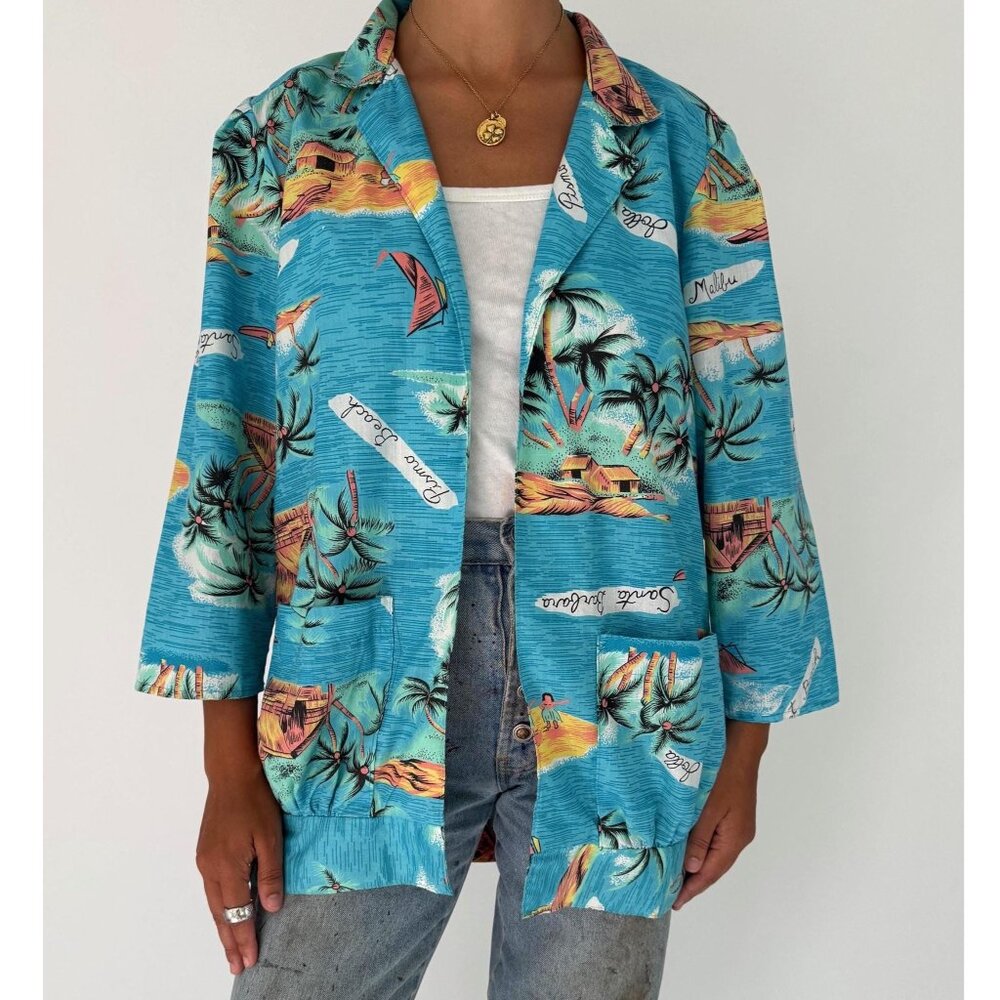 90s vintage california vacation novelty print open front cotton blazer jacket